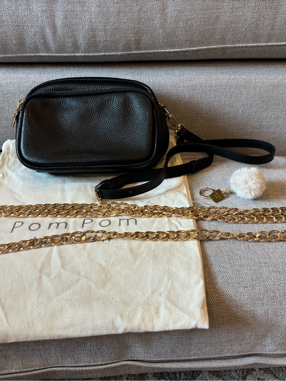 Black Pom Pom London Pebbled Leather Crossbody with 2 Gold Chain Straps NWOT